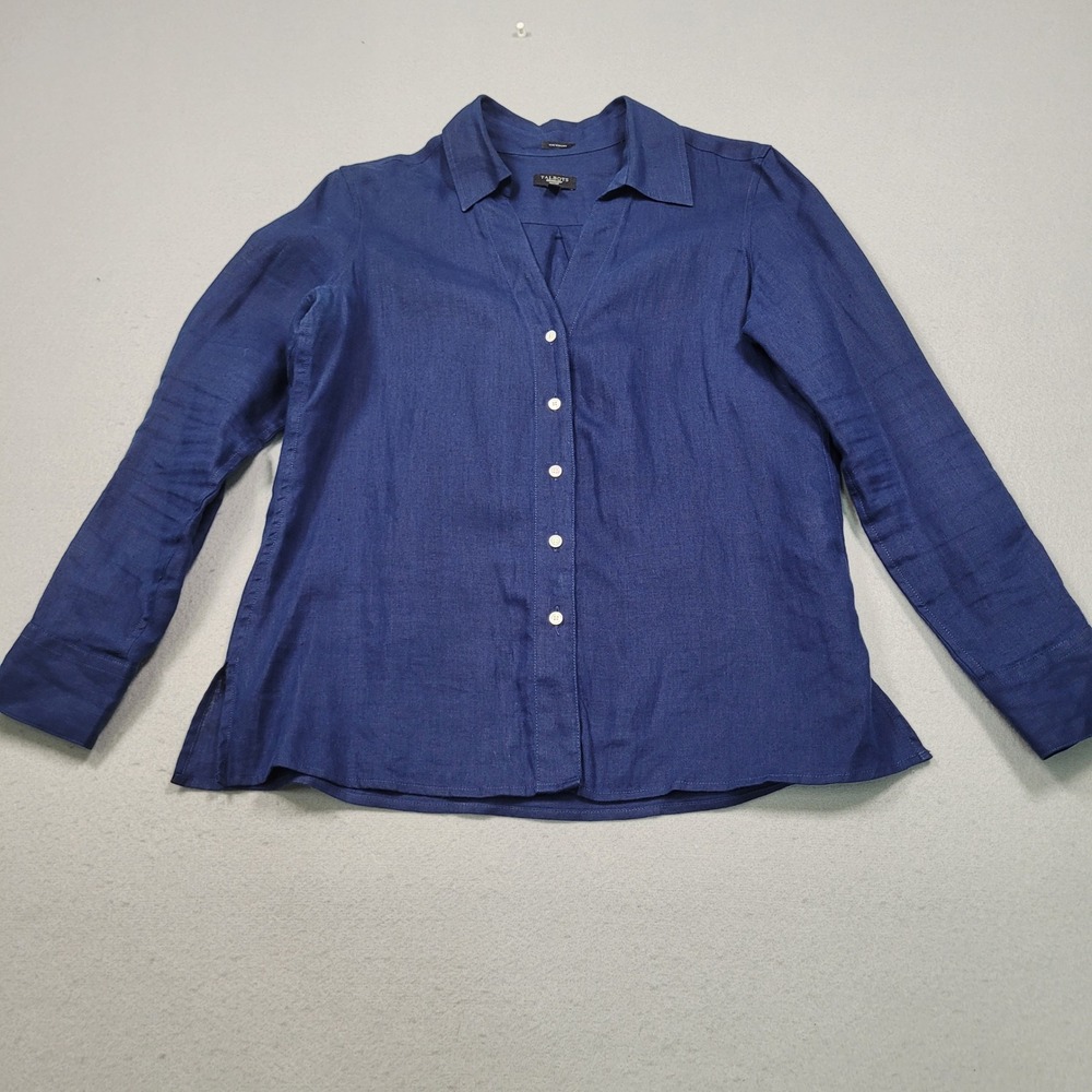 Talbots Pure Irish Linen Button Front Shirt Blue Petite 10P Long‎ Sleeve Blouse